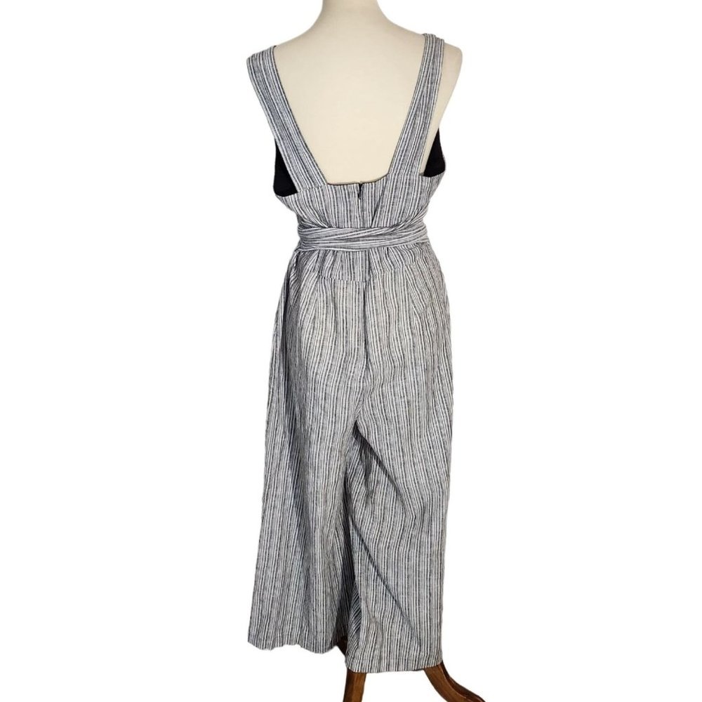 1. State Linen (sz 12) Blend Wide Leg V Neck Grey Striped High Waist Jumpsuit - Picture 5 of 12